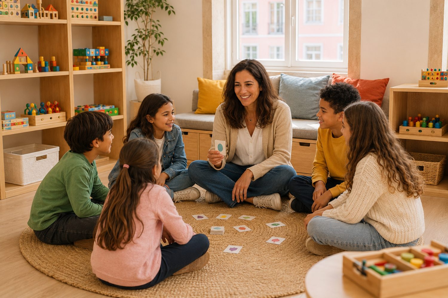 Crianças e educadora em roda num jogo de grupo no Viluiks